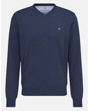 Fynch-Hatton Fine Knit V-Neck Cotton Knit Night - Blue