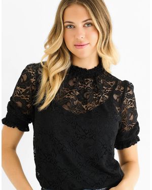 Gini London High Neck Lace Loose Fit Blouse - Black