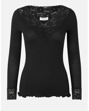 Rosemunde Bernadine Organic Long Sleeve V Neck Lace T Shirt - Black