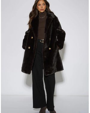 Gini London Bitter Chocolate Double Breasted Faux Fur Coat - Black