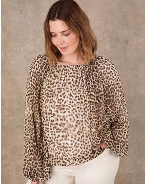 Live Unlimited London Animal Print Blouson Sleeve Boho Blouse - Brown