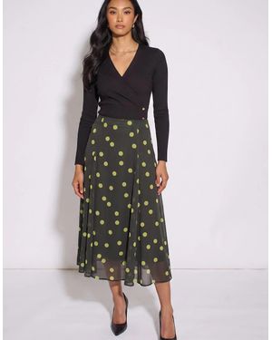 Gini London Lime Spot Satin Godet Midi Skirt - Black
