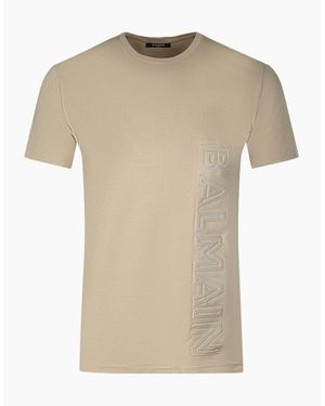 Balmain Brand Embossed Logo Sand T-Shirt - Natural
