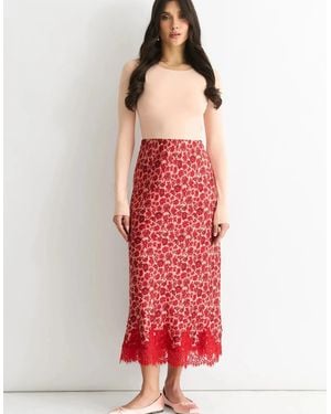 Gini London Floral Lace Trim Bias Midi Skirt - Red