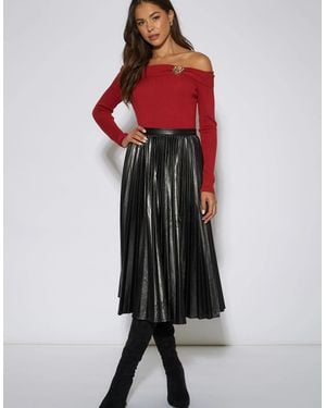 Gini London Pleated Faux Leather Midi Skirt - Black