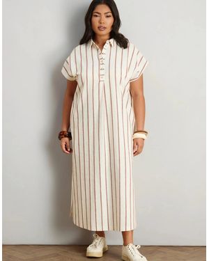 Live Unlimited London Oatmeal Stripe Linen Blend Button Front Midaxi Shirt Dress - Natural
