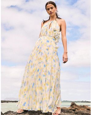 Ro&zo Allegra Watercolour Floral Pleated Maxi Dress - White