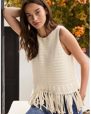 Ro&zo Knit Fringe Hem Shell Top - White