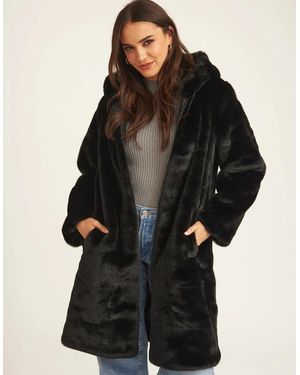 Gini London Faux Fur Hooded Longline Coat - Black