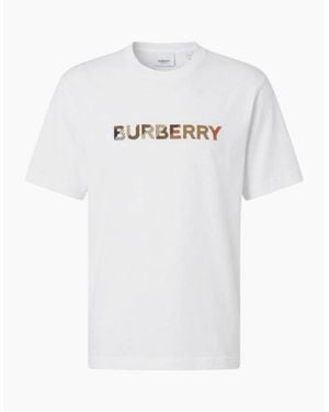 Burberry Check Logo Embroidered T Shirt - White