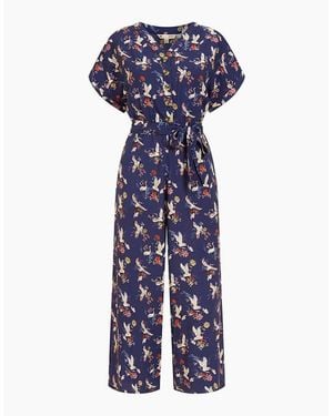 Yumi' Crane Print Collared Culotte Jumpsuit - Blue