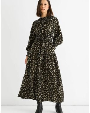 Gini London Khaki Animal Print Shirred High Neck Maxi Dress - White