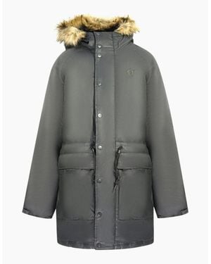Fred Perry Padded Waxed Cotton Hooded Parka Jacket - Grey