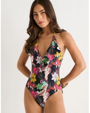 Gini London Multi Tropical Ruffle Front Swimsuit - Multicolour