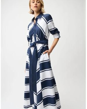 Joseph Ribkoff Cotton Stripe Print Fit And Flare Dress With Reversible Sash - Natural