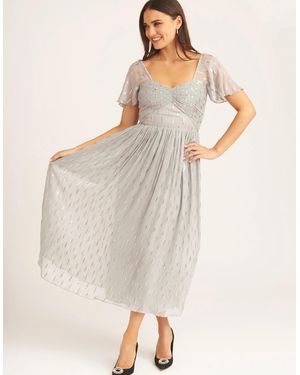 Gini London Jacquard Metallic Angel Sleeves Midi Dress - Natural