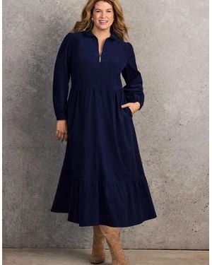 Live Unlimited London Corduroy Zip-Front Midi Dress - Blue