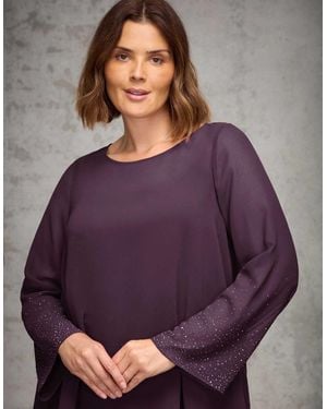 Live Unlimited London Plum Sheer Embellished Sleeve Layered Tunic - Purple