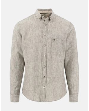 Fynch-Hatton Needle Stripe Linen Button Down Shirt Dark Khaki - Grey