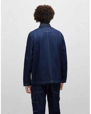 BOSS Solid Patterned Denim Jacket With Shirt Collar - Blue