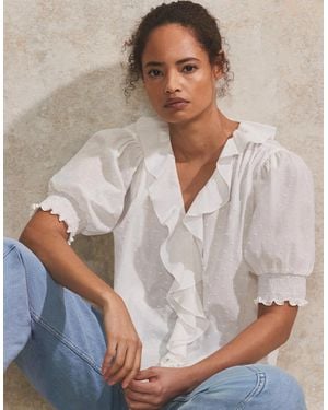 Ro&zo Ivory Dobby Ruffle-Front Blouse - Grey