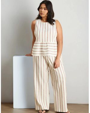 Live Unlimited London Oatmeal Striped Linen Blend Peplum Top - Natural