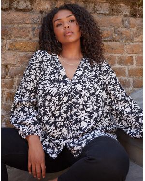 Live Unlimited London Mono Floral V-Neck Button Blouse - Blue