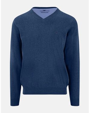 Fynch-Hatton V-Neck Fine Knit Cotton Jumper Midnight - Blue