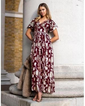 Gini London Burgundy Metallic Jacquard Flutter Sleeves Floral Maxi Dress - Multicolour