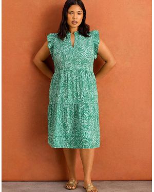 Live Unlimited London Petite Print Cheesecloth Pintuck Knee Length Dress - Green