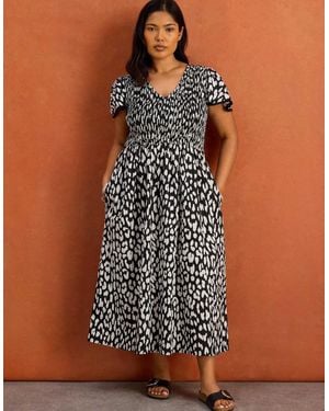 Live Unlimited London Mono Animal Print Shirred Cotton Midi Dress - Brown