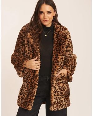 Gini London Leopard Print Faux Fur Coat Jacket - Brown