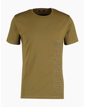 Balmain Brand Embossed Logo Khaki T Shirt - Green