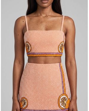 Oceanus Melodie Co-Ord Hand Embroidered Crystal Top Peach - Natural