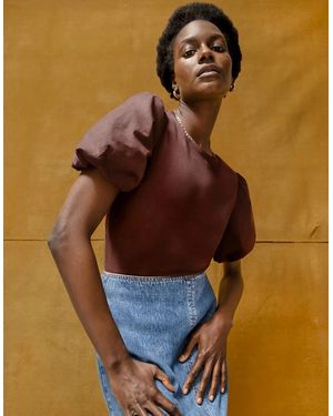 Ro&zo Chocolate Pure Cotton Puff Sleeve T-Shirt - Brown