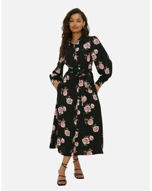 Dorothy Perkins Ladies Floral Waist Tie Petite Midi Shirt Dress - Black