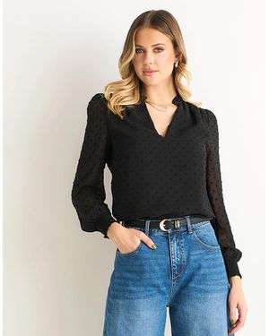 Gini London Dobby Chiffon Frill Neck Blouse - Black