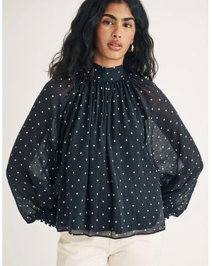 Nobody's Child High Neck Relaxed Fit Long Sleeve Blouse - Blue