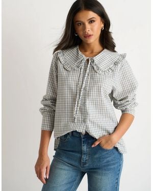 Gini London Gingham Textured Check Peter Pan Collared Shirt - Grey