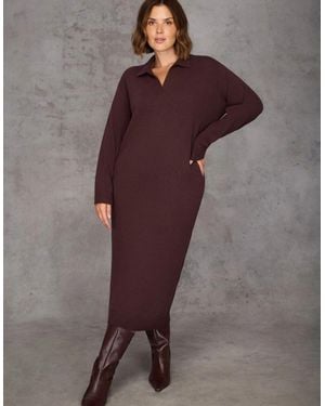 Live Unlimited London Chocolate Polo Neck Knit Dress - Purple