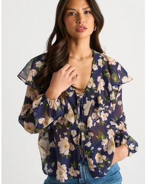 Gini London Elegant Floral Ruffle Shoulder Blouse - Blue