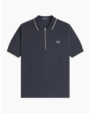 Fred Perry Crepe Pique Zip Neck Polo Shirt - Blue
