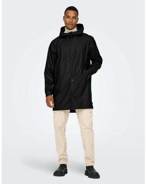 ONLY Solid Patterned Hooded Snap Button Rain Coat - Black