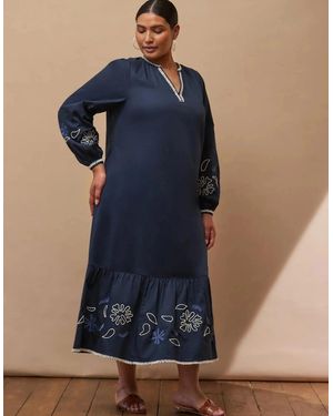 Live Unlimited London Embroidered Midaxi Dress With Contrast Stitch Detail - Blue