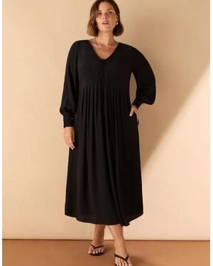 Live Unlimited London Lace Up Blouson Sleeve Midi Dress - Black