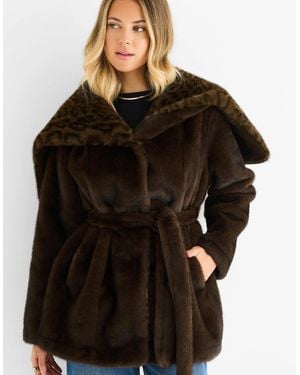 Gini London Chocolate Premium Contrast Lapel Hood Animal Faux Fur Jacket - Blue