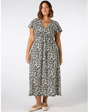 Live Unlimited London Mono Print Ruched Pleat Front Midi Dress - White