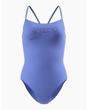Speedo Ladies Logo Endurance+ Thin Strap One Piece Swimsuit - Blue
