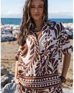 Gini London Chocolate Border Print Resort Shirt - Multicolour