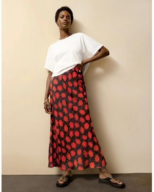Ro&zo Daisy-Print Striped Bias-Cut Skirt - Red